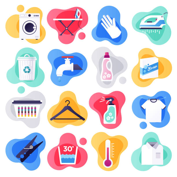 Laundry Detergent & Household Cleaners Flat Flow Style Vector Icon Set Laundry detergent and household cleaners liquid flat flow style concept symbols. Flat design vector icons set for infographics, mobile and web designs. household chores stock illustrations