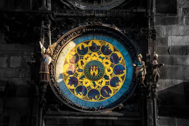 Astronomical Clock (Orloj) close-up in Prague, Czech Republic, Europe. Vintage style.
