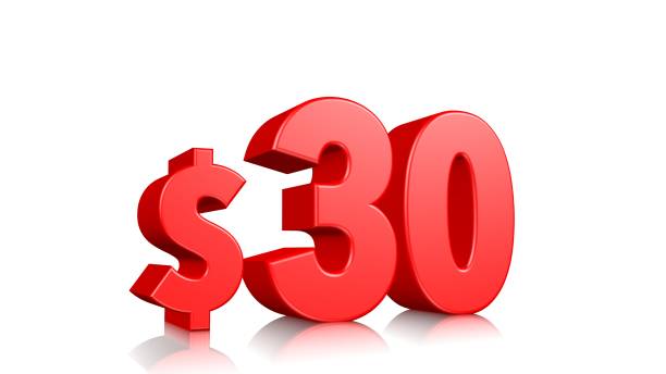 istock 30% Red thirty percent on a white background. 3d render illustration. 1137769159