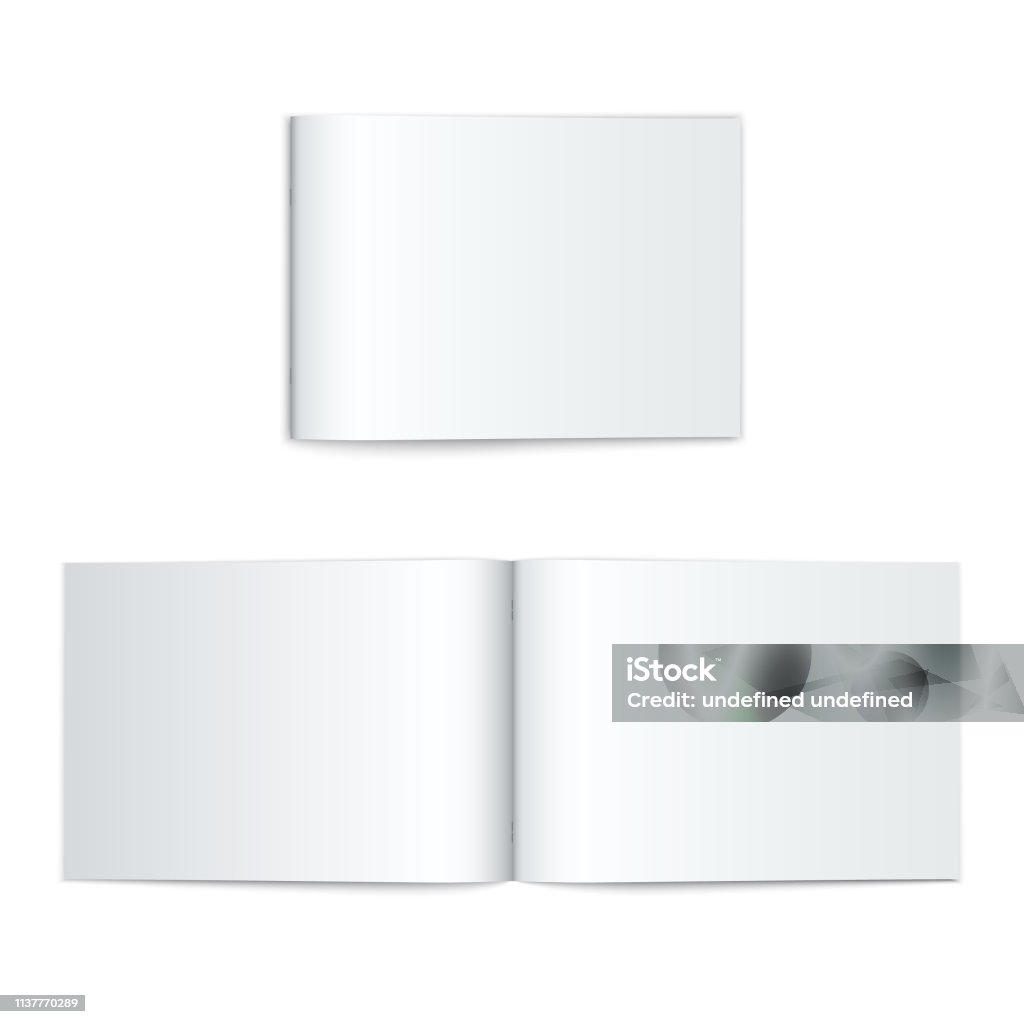 Vector mock up of booklet with soft cover isolated. Opened and closed horizontal magazine, brochure or notebook template on white background Vector mock up of booklet with soft cover isolated. Opened and closed horizontal magazine, brochure or notebook template Artificial stock vector