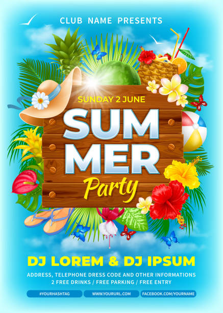 Summer Beach Party Advertisement Poster Template Advertising Poster Template for Summer Beach Party with wooden board, tropical leaves, flowers, fruits and exotic cocktail. Blue sky and clouds on background. Vector illustration. beach party stock illustrations