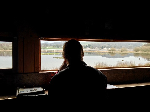 March 20th, 2019, Castle Douglas, Dumfries and Galloway, Scotland.  A bird watcher (they are affectionally known as 'twitchers' in the UK), patiently sits in a hide observing and counting the bird life on a loch.  There are many such observation posts for bird watchers in this area, which has an abundance of native and migratory species within and tasing through, its geographical area.