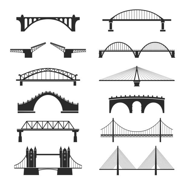brückenbau, blick auf das wahrzeichen der stadt - hängebrücke stock-grafiken, -clipart, -cartoons und -symbole