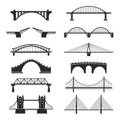 Bridge urban construction set, city landmark view. Transportation structure. Vector line art illustration isolated on white background