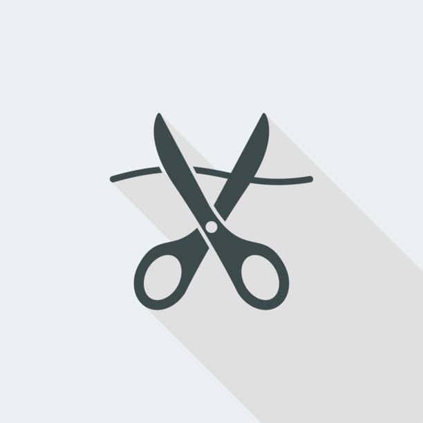 Scissors cutting thread Flat and isolated vector illustration icon with minimal modern design and long shadow sabotage icon stock illustrations