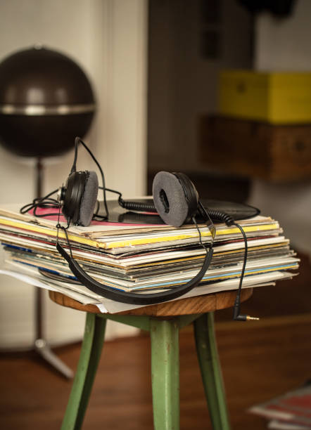 Records & Headphones on Vintage Industrial Stool