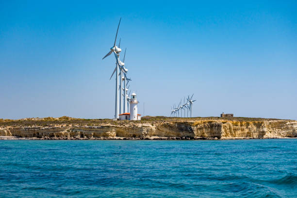 Rocky seashore and Windmills