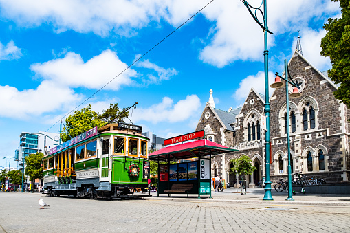 2018 DEC 22, New Zealand, Christchurch, Tram and toursit in city centre..