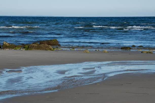 cape cod bay: blue water, sandy beach et un ruisseau de marée - cape cod bay photos et images de collection