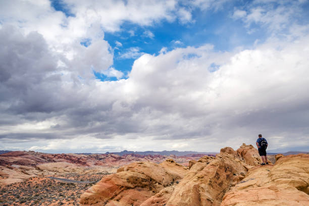istock Hiker enjoys mountain view from cliff in Valley of Fire State Park 1137789764