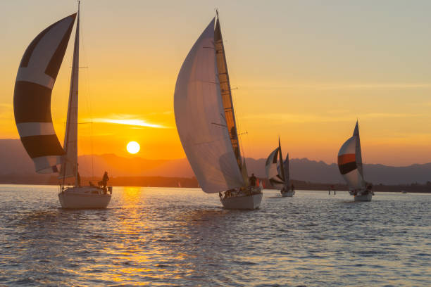 yachten unter segel und silhouette der untergehenden sonne - sailboat sunset nautical vessel sun stock-fotos und bilder