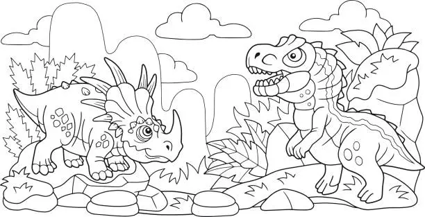 Vector illustration of cute prehistoric dinosaurs, coloring book, funny illustration