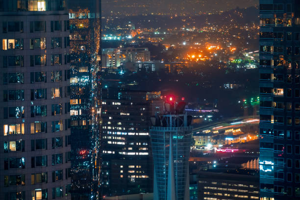 Aerial view of Downtown Los Angeles, CA at night