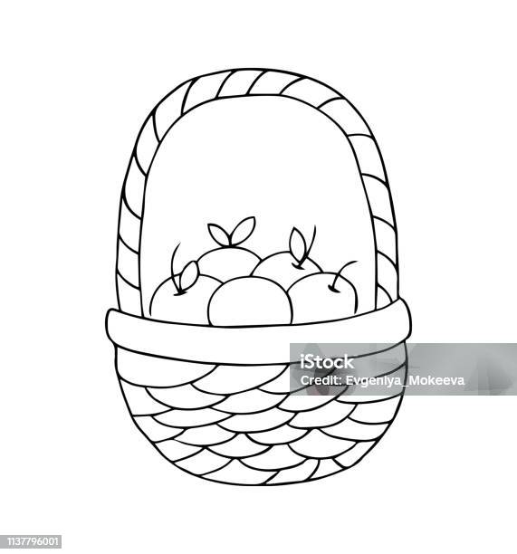 Basket With Apples On A White Background Stock Illustration - Download Image Now - Basket, Apple - Fruit, Coloring