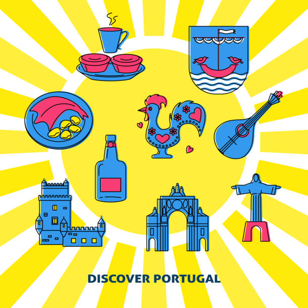 ilustrações de stock, clip art, desenhos animados e ícones de discover portugal concept banner with icons in colored line style - pastel de nata ilustrações