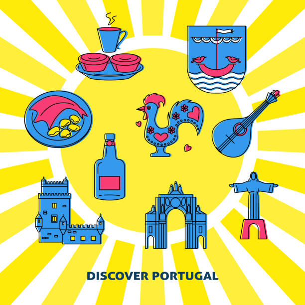 Discover Portugal concept banner with icons in colored line style Discover Portugal concept banner with icons in line style. Traditional symbols set with national culture, cuisine and attractions. Flyer or poster template with place for text. rooster-of-barcelos stock illustrations