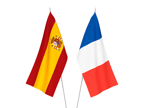 National fabric flags of France and Spain isolated on white background. 3d rendering illustration.