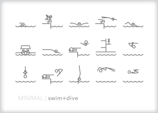 illustrations, cliparts, dessins animés et icônes de icônes de natation et de ligne de plongée montrant les types de stokes et de plongées - dos crawlé