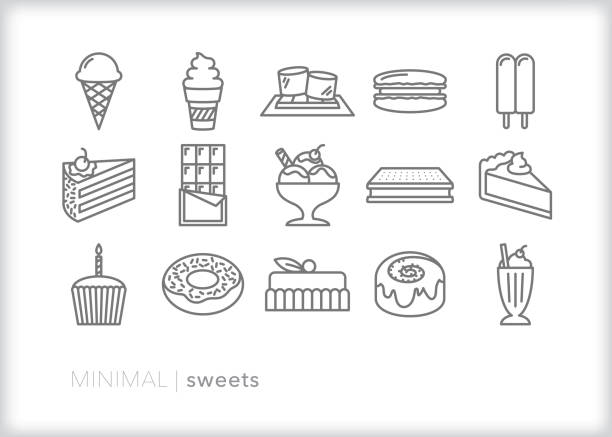 bildbanksillustrationer, clip art samt tecknat material och ikoner med desserter linje ikoner av söta godsaker - cinnamon buns bakery