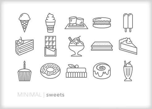 Set of 15 gray line icons of desserts and sweet treats including chocolate, ice cream, pie, cake, cupcake, milkshake, sundae, donut, popsicle, macaroons and other baked goods
