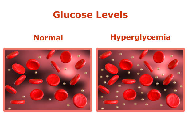 уровни глюкозы в крови, таблица с нормальным уровнем и другая таблица, указывающая на диабет. 3d рендеринг - hyperglycemia стоковые фото и изображения