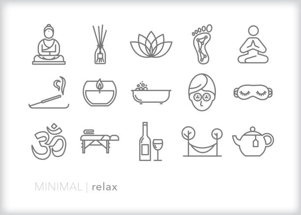 Relaxation line icons for self care, meditation and reducing stress Set of 15 gray line icons of ways to relax and reduce stress including reflexology, incense, massage, facial, meditation, bubble bath, wine, hammock and other self care items spa stock illustrations