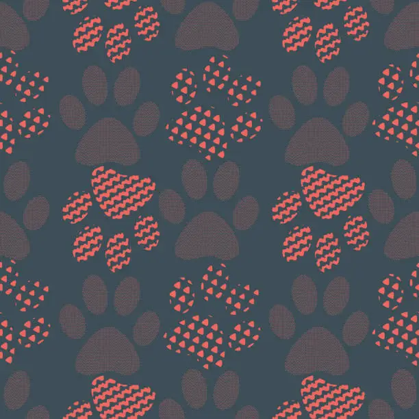 Vector illustration of Seamless pattern with animal paw prints. Complex illustration print in red, coral and grey.