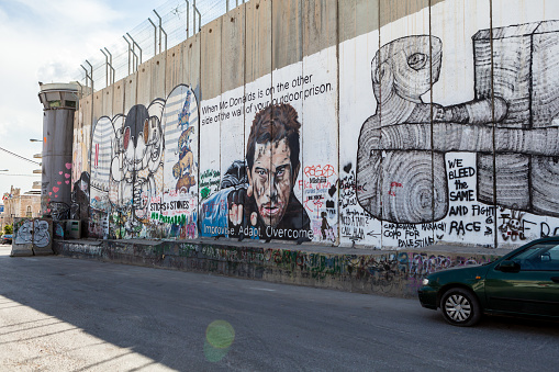 Bethlehem: The Israeli West Bank barrier or wall circa May 2018 in  Bethlehem.