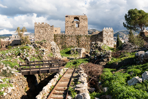 Panorama of Byblos archeological site with Phoenician, Roman and Crusader temple and fort ruins.