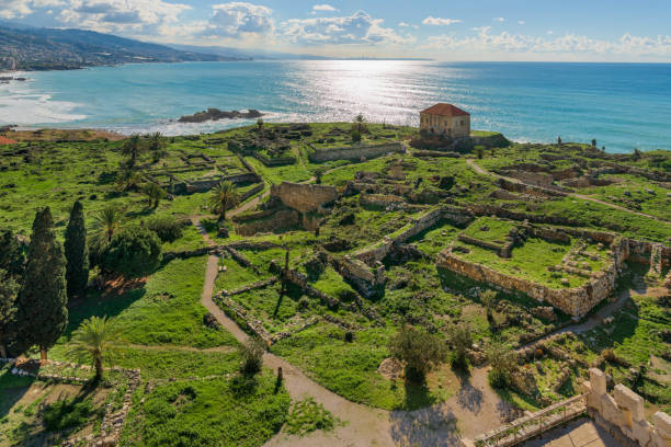 Byblos archeological site, Lebanon Panorama of Byblos archeological site with Phoenician, Roman and Crusader temple and fort ruins. phoenician stock pictures, royalty-free photos & images