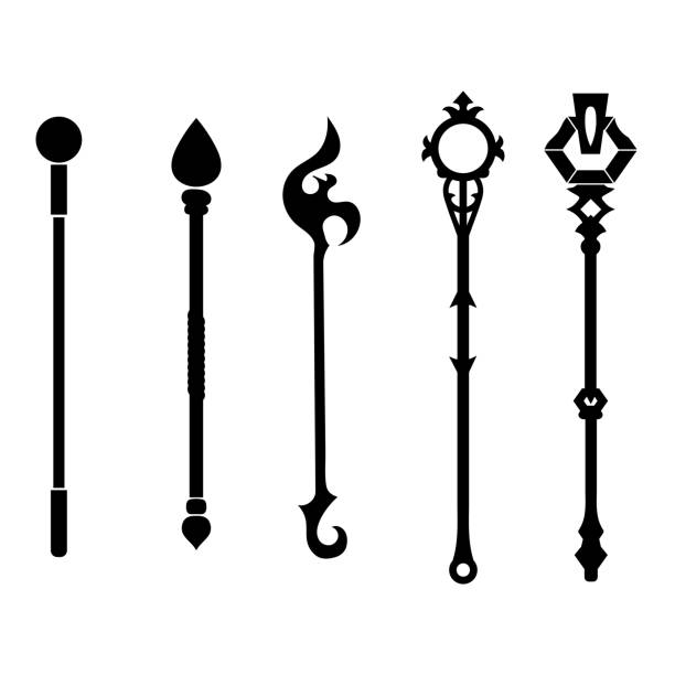 Set of Magic Staff Icons isolated on white background. Magic Wand, Scepter, Stick, Rod. Vector Illustration for Your Design, Game, Card, Web. Set of Magic Staff Icons isolated on white background. Magic Wand, Scepter, Stick, Rod. Vector Illustration for Your Design, Game, Card, Web. sceptre stock illustrations