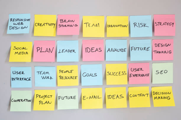 Brainstorming concept, Sticky Notes Brainstorming concept, Sticky Notes on gray wall. Business strategies. scrum stock pictures, royalty-free photos & images