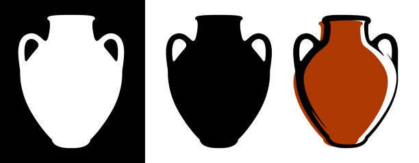 вектор древнего изображения амфоры в коричневом цвете и силуэты в белом и черном фоне изолированы в плоском стиле. - jug decorative urn ancient greek culture stock illustrations