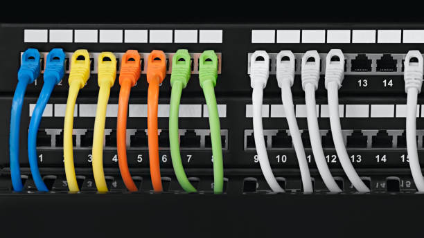 nahaufnahme von farbigen computernetzkabel, die an einen schalter angeschlossen sind - cable network server network connection plug green stock-fotos und bilder