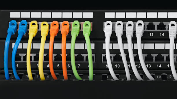 gros plan des câbles de réseau d'ordinateur colorés connectés à un commutateur - cable network server network connection plug green photos et images de collection
