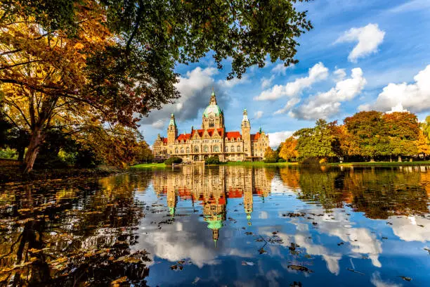 The Hannover City New Town Hall with colorful fall trees