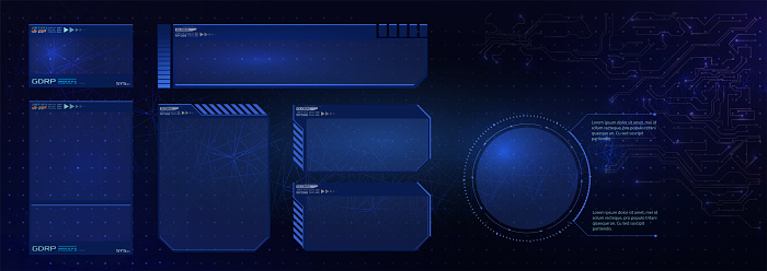 HUD futuristic user interface screen elements set. High tech screen for video game. Sci-fi concept design.