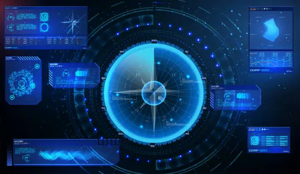 Vector illustration of Futuristic radar. Military navigate sonar.Futuristic concept HUD, GUI style. Screen ( Dashboard, Futuristic Circle, Space Elements, Infographics) Radar Screen and elements GUI interface. Vector