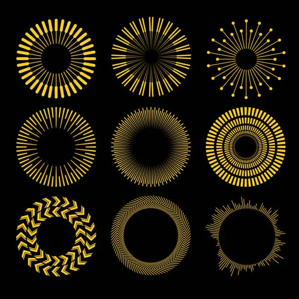 Vector illustration of Vector Set of Circle Geometric Ornaments. . Ornamental Round Decor. Sun set. Vector illustration isolated on black background.