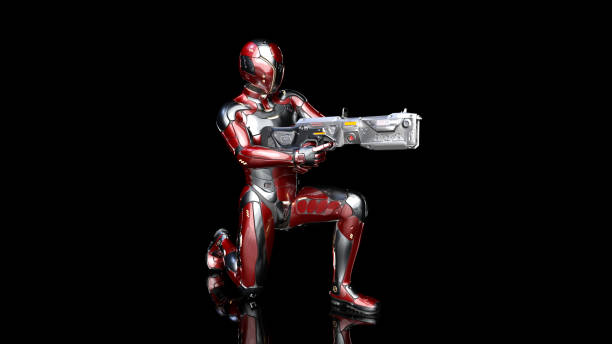 istock Futuristic android soldier in bulletproof armor, military cyborg armed with sci-fi rifle gun kneeling on black background, 3D render 1137827072