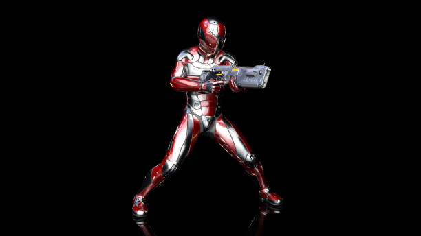 Futuristic android soldier in bulletproof armor, military cyborg armed with sci-fi rifle gun shooting on black background, 3D render