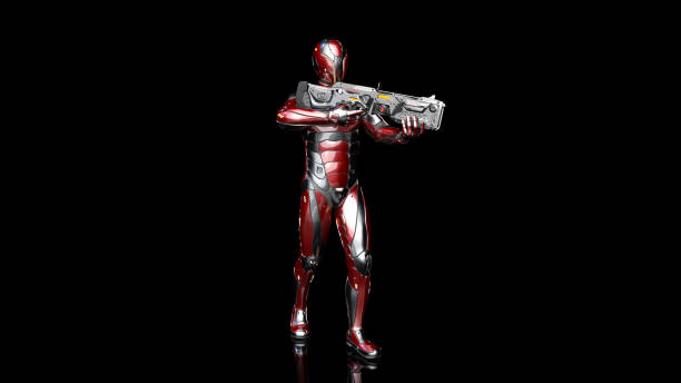 istock Futuristic android soldier in bulletproof armor, military cyborg armed with sci-fi rifle gun standing and shooting on black background, 3D render 1137827089