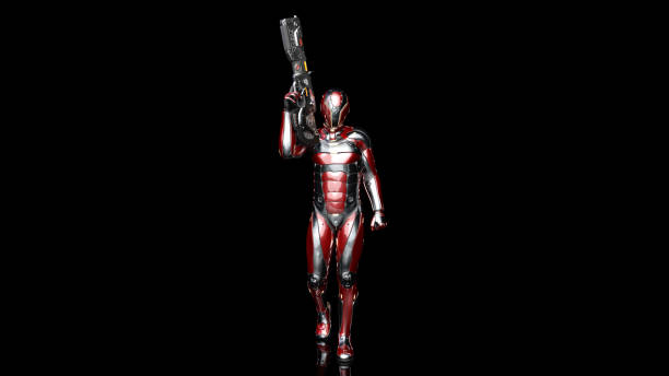 istock Futuristic android soldier in bulletproof armor, military cyborg armed with sci-fi rifle gun walking on black background, 3D render 1137827595