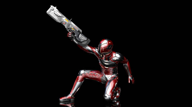 istock Futuristic android soldier in bulletproof armor, military cyborg armed with sci-fi rifle gun crouching and shooting on black background, 3D render 1137827597