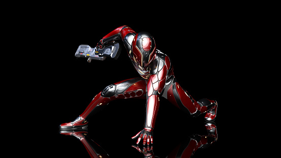 Soldado androide futurista en armadura a prueba de balas, Cyborg militar armado con arma de rifle de ciencia ficción agacharse sobre el fondo negro, Render 3D photo