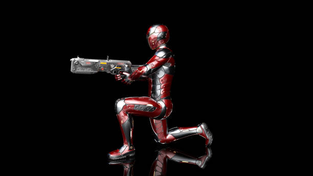 istock Futuristic android soldier in bulletproof armor, military cyborg armed with sci-fi rifle gun kneeling and shooting on black background, 3D rendering 1137827604