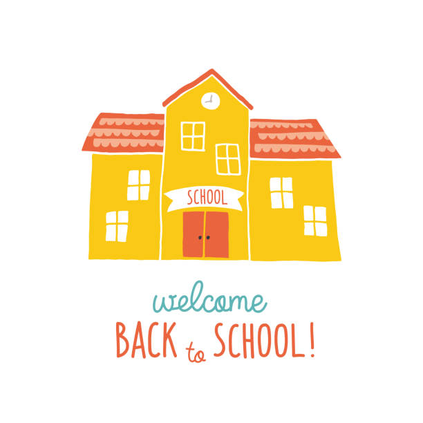 Back to school card design. Funny cartoon hand drawn school building over landscape background. Cartoon vector clip art eps 10 illustration on white background. Hand lettering. Back to school card design. Funny cartoon hand drawn school building over landscape background. Cartoon vector clip art eps 10 illustration on white background. Hand lettering schoolhouse stock illustrations