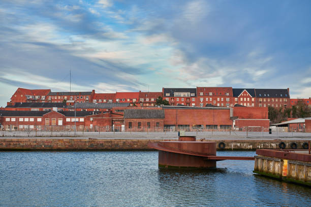 Odense city with apartment blocks at the harbor
