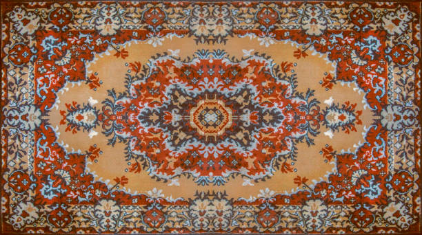 istock Persian Carpet Texture, abstract ornament. Round mandala pattern, Middle Eastern Traditional Carpet Fabric Texture. Turquoise milky blue grey brown yellow red 1137841465