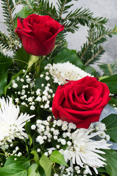 red roses in a bouquet close-up stock photo